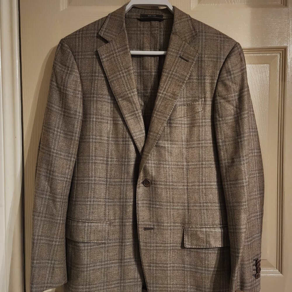 Ermenegildo Zegna Silk Cashmere Brown Herringbone Plaid Milano Blazer 38R
